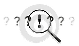 Search answer idea, problem solution concept. Exclamation point between question marks icon pattern. Magnifying glass