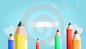 Search bar with colorful pencils, white cloud on blue background. Online education concept, vector illustration