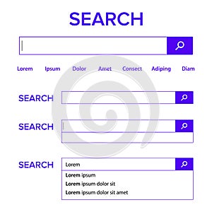 Search Bar Field Vector. Search Engine Browser Window Template. Pop Up List, Search Results. Elements Of Search Magnifier Icon And