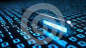 Search bar floating over a sea of binary code.