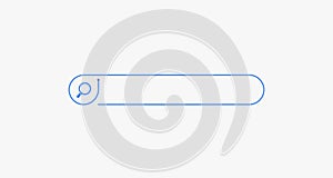 Search bar. Horizontal linear border with text input field, magnifying glass icon in frame. Simple flat searching button