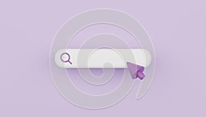 Search bar isolated on purple background with a magnifier icon and clicking cursor 3d rendering illustration