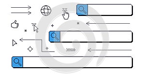 Search bar pixel art set. 8bit web browser elements collection. Retro internet
