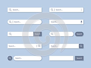 Search bar. Searching internet field, website bars with shadows and empty online search engine box with button vector