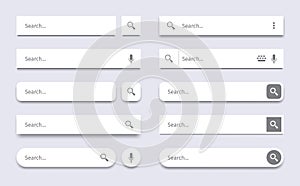 Search bar. Searching panel, website ui bars with shadows and quick search boxes template vector set