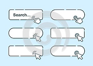 Search bar with suggestions for UI and website design on a bright background. Search address and navigation bar icon with mouse