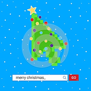 Search bar with text Merry christmas and button go with christmas tree arrow  cursor pointer.