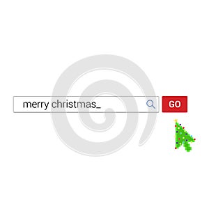 Search bar with text Merry christmas and button go with christmas tree arrow  cursor pointer.