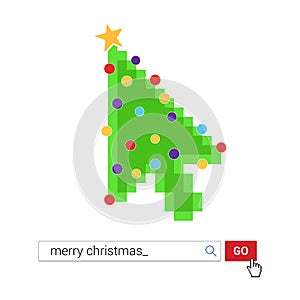 Search bar with text Merry christmas and button go with christmas tree, hand cursor pointer.