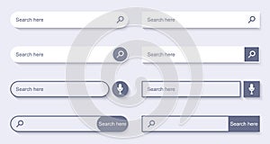 Search Bar for UI design. Set of elements for design interface of website. Search form with shadow. Navigation bar web icons.