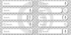 Search bar vector element with diferent design, set of ten search boxes ui template on gray background. Vector illustration