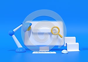 Search bar webpage on blue background. Web SEO concept. 3d render illustration