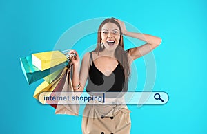 Search bar with words Internet shopping and excited woman holding paper bags