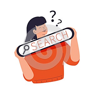 Search bars and people browsing online information, surfing internet. Characters look for and find query in web browser