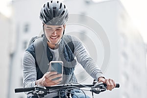 Search, bike or man travel with phone in London city, street or road for GPS, location or networking outdoor. Smile