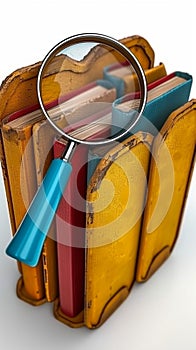 Search concept Folder and file exploration with magnifying glass, isolated 3D