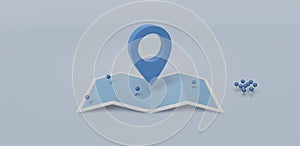 Search concept with simple locator mark of map and location pin or navigation map pointer symbol on blue background