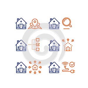 Search criteria, real estate services, location mark on map, size parameter, smart home, wireless internet connection, stroke icon