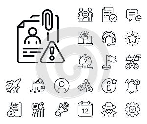 Search employee line icon. Interview warning sign. Salaryman, gender equality and alert bell. Vector