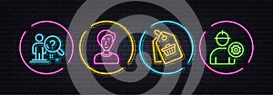 Search employee, Sale tag and Businesswoman person minimal line icons. For web application, printing Vector