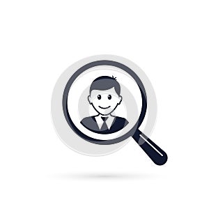Search for employees and job, business, human resource. Looking for talent. Search man vector icon. Magnifying glass with man