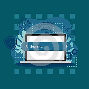 Search engine on computer screen. Laptop with internet search bar cartoon illustration. Web search. Vector graphic