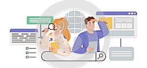 Search engine concept with characters. Vector illustration