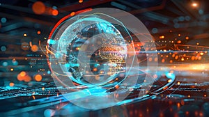 Search engine globe with swirling search queries.