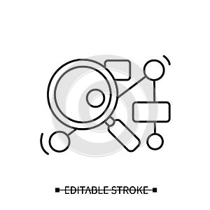 Search engine icon. Linked data structures under magnifying glass.