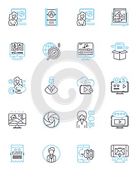 Search engine linear icons set. Google, Yahoo, Bing, Search, Results, Algorithms, Optimization line vector and concept