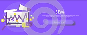 Search Engine Marketing banner. Computer with object, diagram, user icon