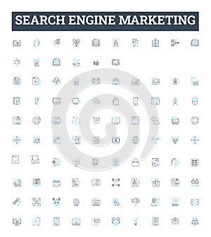 Search engine marketing vector line icons set. SEM, SEO, Advertising, PPC, Content, Analytics, Rankings illustration