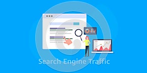 Search engine marketing, website traffic analysis businesswoman inspecting data insights.