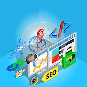 Search engine optimization concept banner, isometric style