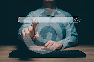 Search engine optimization concept with person using search bar for online information and data retrieval