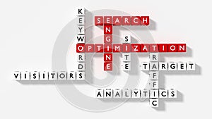 Search engine optimization keywords puzzle on white flat design