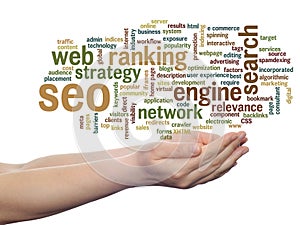 Search engine optimization, seo abstract word cloud in hand  on background