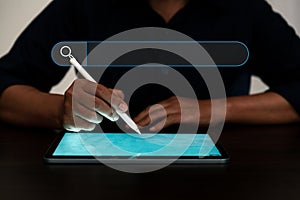 Search Engine Optimization SEO, data searching technology. business hands typing on digital tablet keyboard to search the