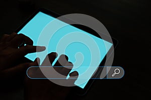 Search Engine Optimization SEO, data searching technology. business hands typing on digital tablet keyboard to search the