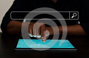 Search Engine Optimization SEO, data searching technology. business hands typing on digital tablet keyboard to search the