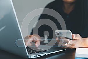 Search Engine Optimization SEO, data searching technology. business hands typing on laptop computer keyboard to search the