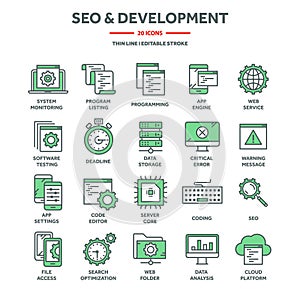 Search engine optimization, SEO and development. Internet technology, online services data protection. Information