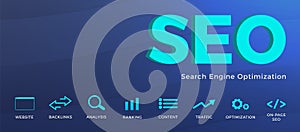 Search Engine Optimization, SEO horizontal vector banner concept. Backlinks mass increase, Analysis and Audit, Website Ranking