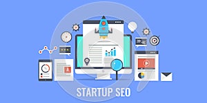 Search engine optimization for startup business. Flat design startup banner.