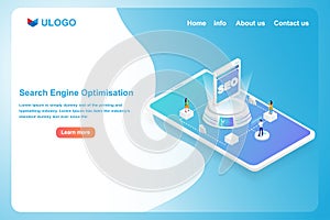 Search engine optimization strategy concept. Isometric 3D futuristic digital enter keyword to SEO technology. Modern Financial and