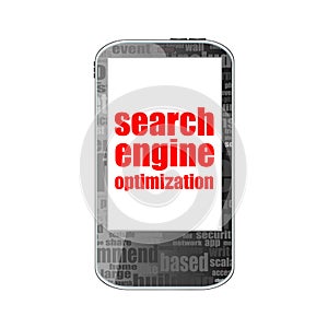 Search Engine Optimization Text. Information concept . Detailed modern smartphone isolated on white
