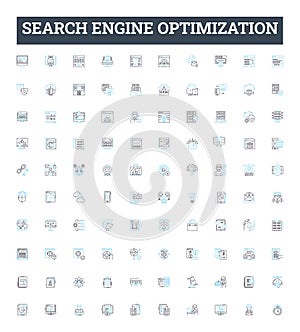 Search engine optimization vector line icons set. SEO, Optimization, Indexing, Crawling, Ranking, SERP, Search