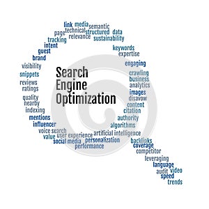 Search Engine Optimization Word Cloud. Magnifier shape.