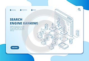 Search engine ranking landing page. Seo marketing and analytics, online ranking result. Internet strategy 3d isometric