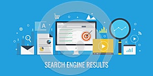 Search engine result displaying on a computer screen, Serp, search engine ranking concept. Flat design vector banner.